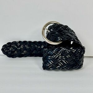 Calvin Klein XL Black Woven Braided Leather Belt Wide Round Silver Buckle Boho